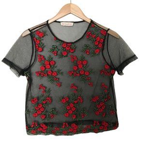 Twinkle Women's Black Sheer Red Green Floral Embordered Short Sleeve Shirt Small